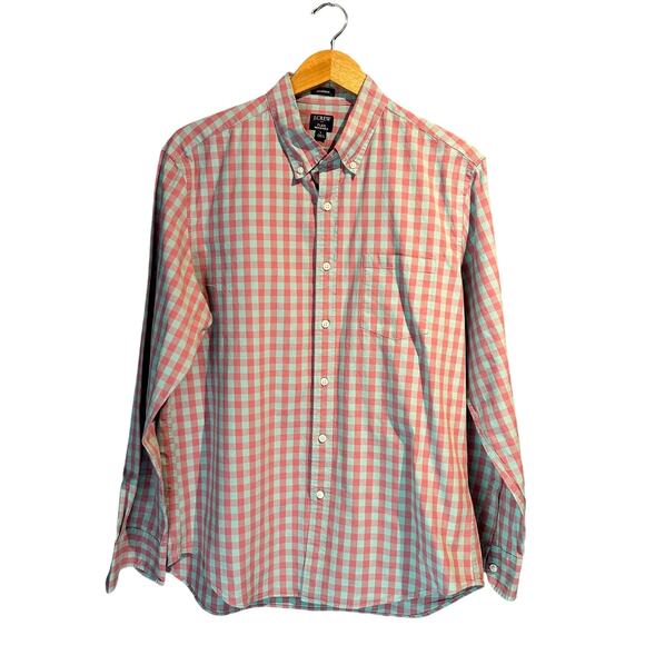Preppy Men's J Crew Flex Washed Classic Large Blue Pink Long Sleeve Button Down - Picture 1 of 6
